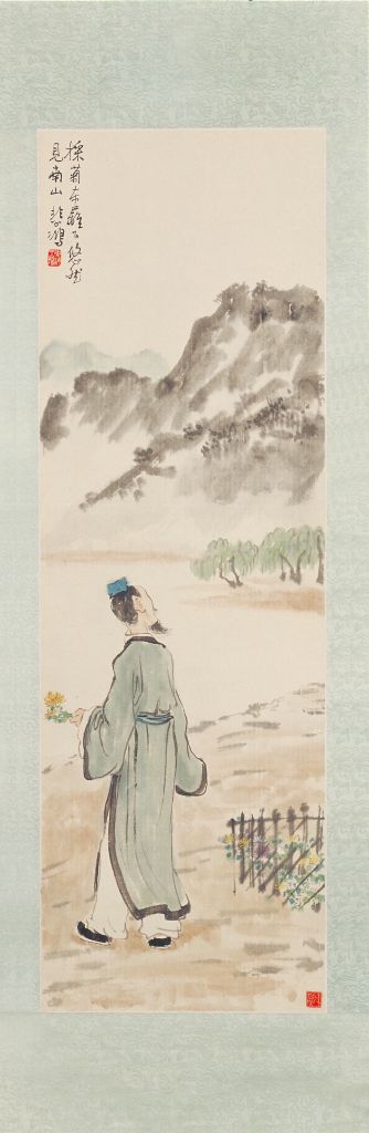 图片[1]-Xu Beihong’s Painting Axis of Picking Chrysanthemums at Dongli-China Archive